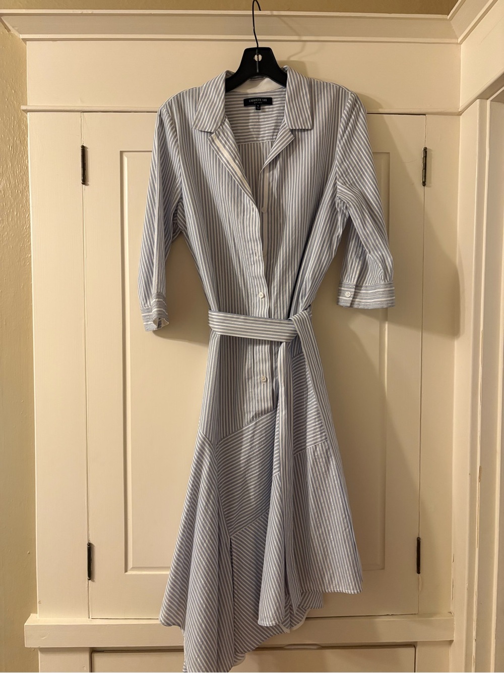 Lafayette 148 New York Light Blue and White Striped Midi Shirt Dress